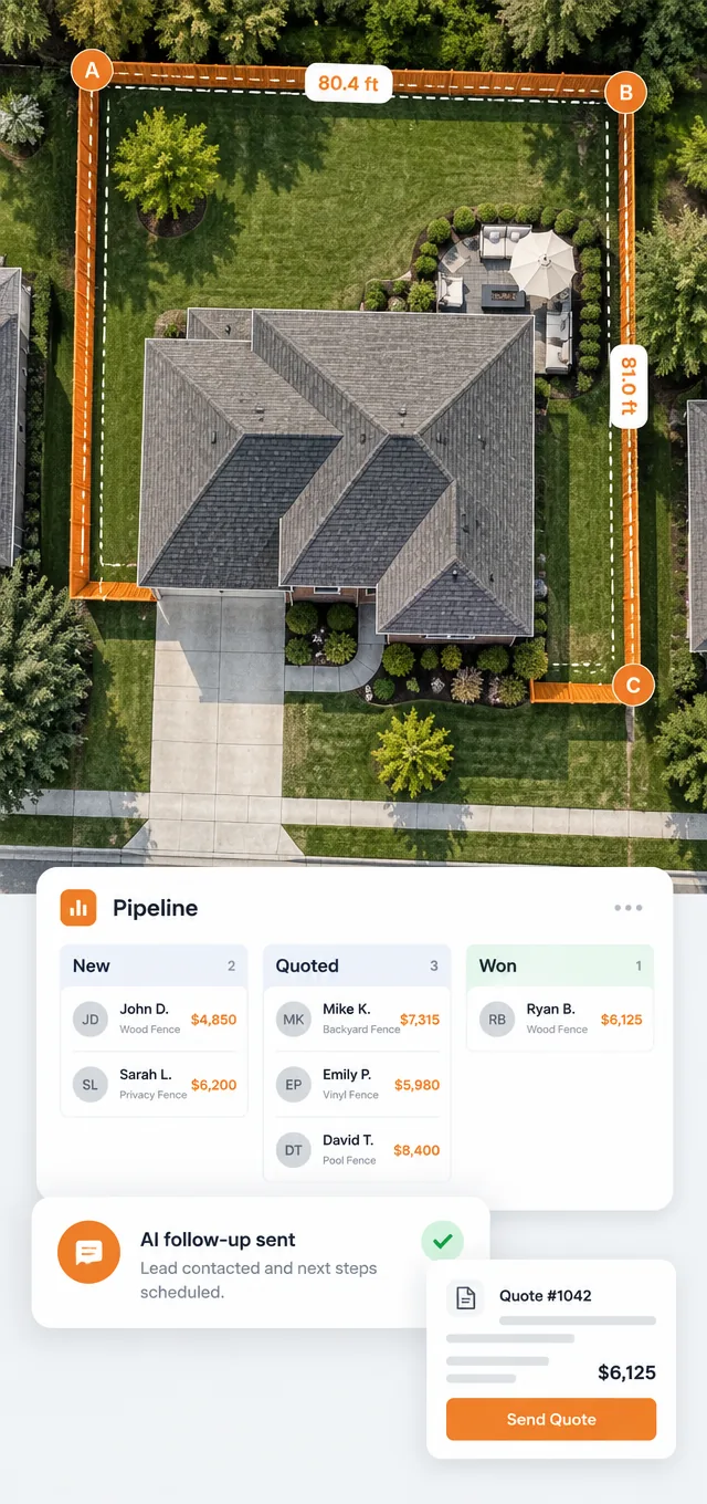 Fence Quote Machine — a fence line measured on an aerial map, a lead pipeline, AI follow-up, and a ready-to-send quote