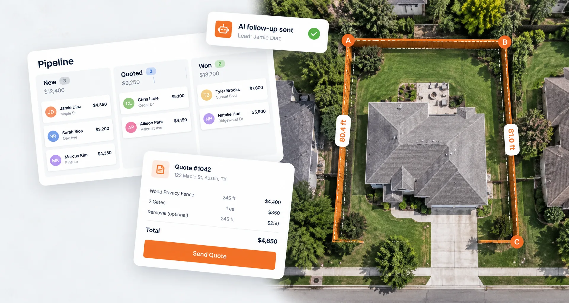 Fence Quote Machine — a fence line measured on an aerial map, a lead pipeline, AI follow-up, and a ready-to-send quote